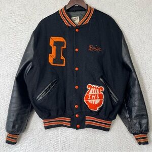 DeLong Vintage Wool Leather Varsity Letterman Jacket Mens 46 Black Orange BRIAN